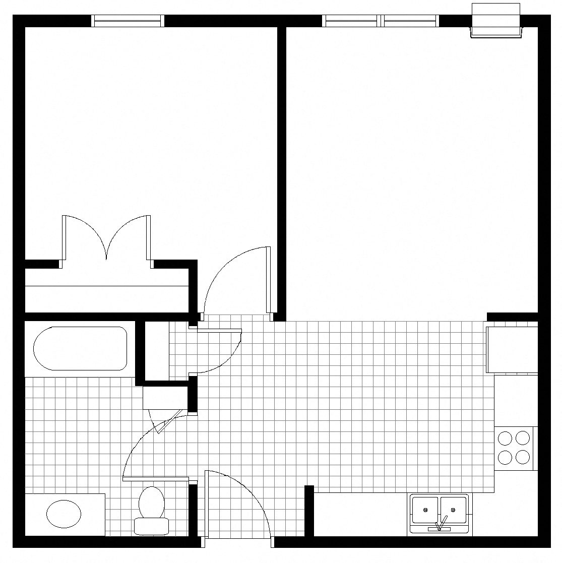 Floor plan for 1 bed, 1 bath, 575 sqft